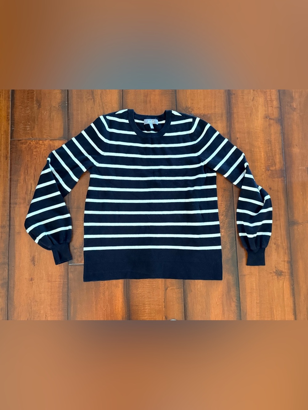 Marled Blue and White Striped Crewneck Knit Sweater